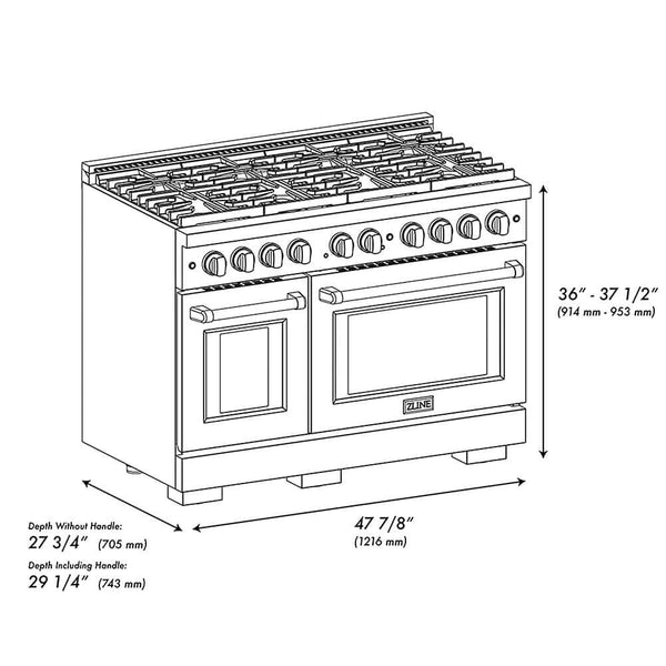 ZLINE Autograph Edition 48 in. 6.7 cu. ft. Paramount Gas Range with 8 Burner DuoPro™ Cooktop and Dual Ovens with White Matte Doors and Polished Gold Accents, Open Box-Good Condition dimensional diagram.