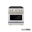 ZLINE Autograph Edition 30 in. 4.2 cu. ft. Paramount Gas Range with 4 Burner DuoPro™ Cooktop and Convection Gas Oven in Stainless Steel with Champagne Bronze Accents, Open Box-Good Condition