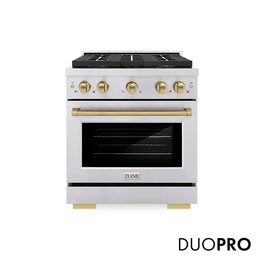 ZLINE Autograph Edition 30 in. 4.2 cu. ft. Paramount Gas Range with 4 Burner DuoPro™ Cooktop and Convection Gas Oven in Stainless Steel with Champagne Bronze Accents, Open Box-Great Condition