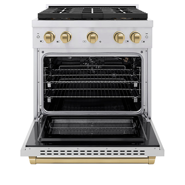 ZLINE Autograph Edition 30 in. 4.2 cu. ft. Paramount Gas Range with 4 Burner DuoPro™ Cooktop and Convection Gas Oven in Stainless Steel with Champagne Bronze Accents, Open Box-Great Condition
