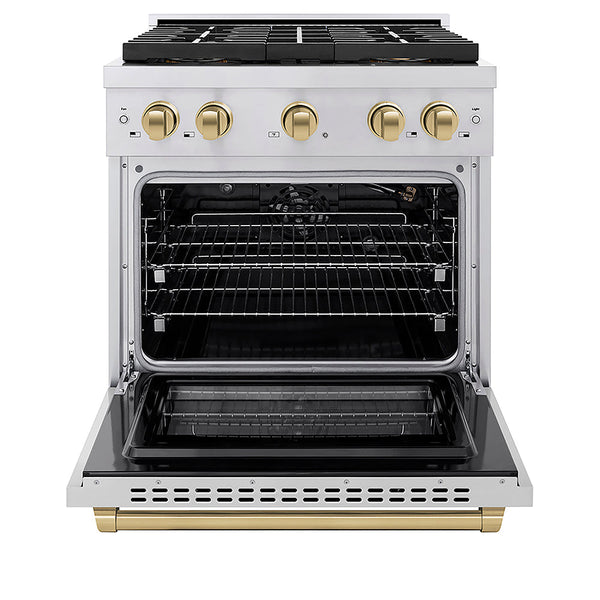 ZLINE Autograph Edition 30 in. 4.2 cu. ft. Paramount Gas Range with 4 Burner DuoPro™ Cooktop and Convection Gas Oven in Stainless Steel with Champagne Bronze Accents, Open Box-Good Condition