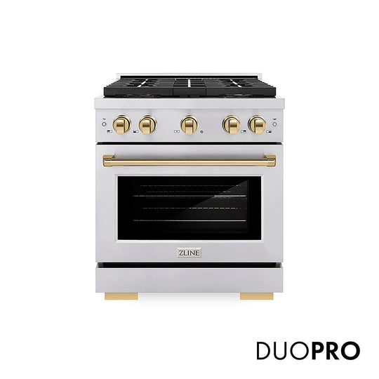 ZLINE Autograph Edition 30 in. 4.2 cu. ft. Paramount Gas Range with 4 Burner DuoPro™ Cooktop and Convection Gas Oven in Stainless Steel with Polished Gold Accents, Open Box-Good Condition