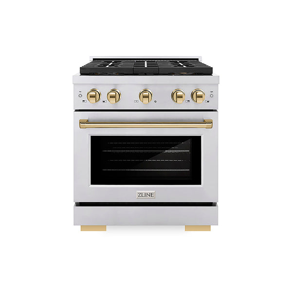 ZLINE Autograph Edition 30 in. 4.2 cu. ft. Paramount Gas Range with 4 Burner DuoPro™ Cooktop and Convection Gas Oven in Stainless Steel with Polished Gold Accents, Open Box-Good Condition