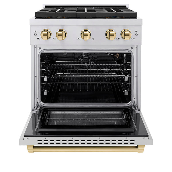 ZLINE Autograph Edition 30 in. 4.2 cu. ft. Paramount Gas Range with 4 Burner DuoPro™ Cooktop and Convection Gas Oven in Stainless Steel with Polished Gold Accents, Open Box-Good Condition
