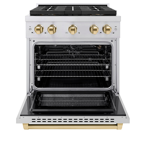 ZLINE Autograph Edition 30 in. 4.2 cu. ft. Paramount Gas Range with 4 Burner DuoPro™ Cooktop and Convection Gas Oven in Stainless Steel with Polished Gold Accents, Open Box-Great Condition
