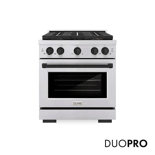 ZLINE Autograph Edition 30 in. 4.2 cu. ft. Paramount Gas Range with 4 Burner DuoPro™ Cooktop and Convection Gas Oven in Stainless Steel with Matte Black Accents, Open Box-Good Condition