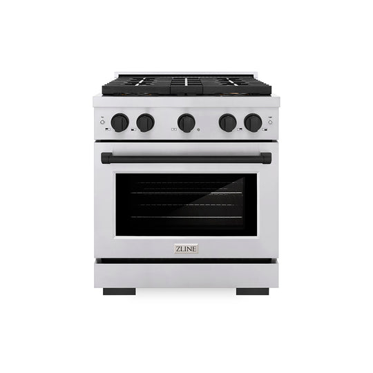 ZLINE Autograph Edition 30 in. 4.2 cu. ft. Paramount Gas Range with 4 Burner DuoPro™ Cooktop and Convection Gas Oven in Stainless Steel with Matte Black Accents (PSGRZ-30-MB)