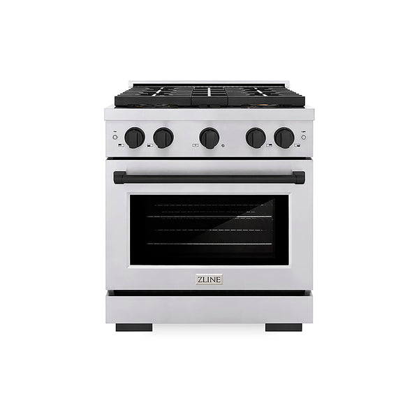 ZLINE Autograph Edition 30 in. 4.2 cu. ft. Paramount Gas Range with 4 Burner DuoPro™ Cooktop and Convection Gas Oven in Stainless Steel with Matte Black Accents, Open Box-Good Condition