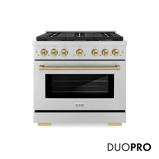 ZLINE Autograph Edition 36 in. 5.2 cu. ft. Paramount Gas Range with 6 Burner DuoPro™ Cooktop and Convection Gas Oven in Stainless Steel and Champagne Bronze Accents, Open Box-Good Condition