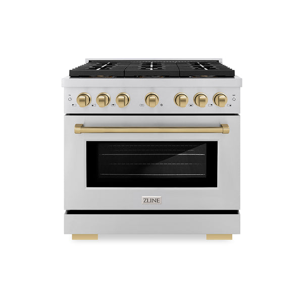 ZLINE Autograph Edition 36 in. 5.2 cu. ft. Paramount Gas Range with 6 Burner DuoPro™ Cooktop and Convection Gas Oven in Stainless Steel and Champagne Bronze Accents (PSGRZ-36-CB)