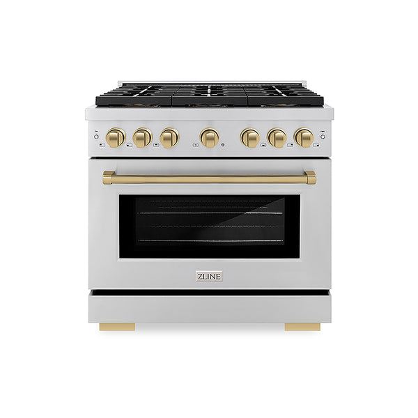 ZLINE Autograph Edition 36 in. 5.2 cu. ft. Paramount Gas Range with 6 Burner DuoPro™ Cooktop and Convection Gas Oven in Stainless Steel and Champagne Bronze Accents, Open Box-Great Condition