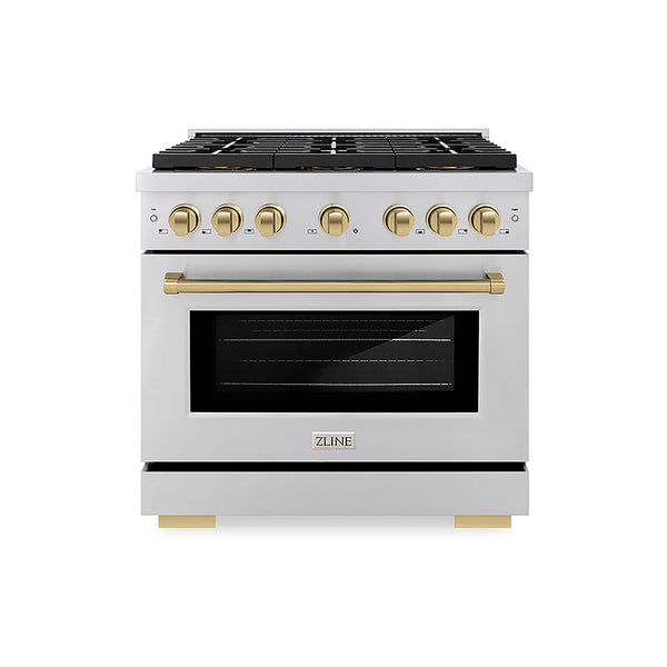 ZLINE Autograph Edition 36 in. 5.2 cu. ft. Paramount Gas Range with 6 Burner DuoPro™ Cooktop and Convection Gas Oven in Stainless Steel and Champagne Bronze Accents, Open Box-Good Condition