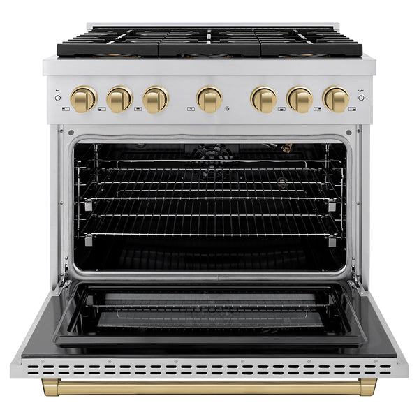 ZLINE Autograph Edition 36 in. 5.2 cu. ft. Paramount Gas Range with 6 Burner DuoPro™ Cooktop and Convection Gas Oven in Stainless Steel and Champagne Bronze Accents (PSGRZ-36-CB)