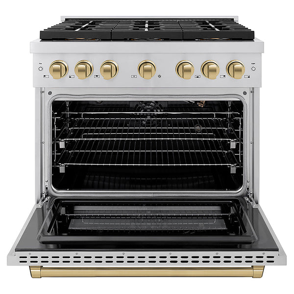ZLINE Autograph Edition 36 in. 5.2 cu. ft. Paramount Gas Range with 6 Burner DuoPro™ Cooktop and Convection Gas Oven in Stainless Steel and Champagne Bronze Accents, Open Box-Good Condition