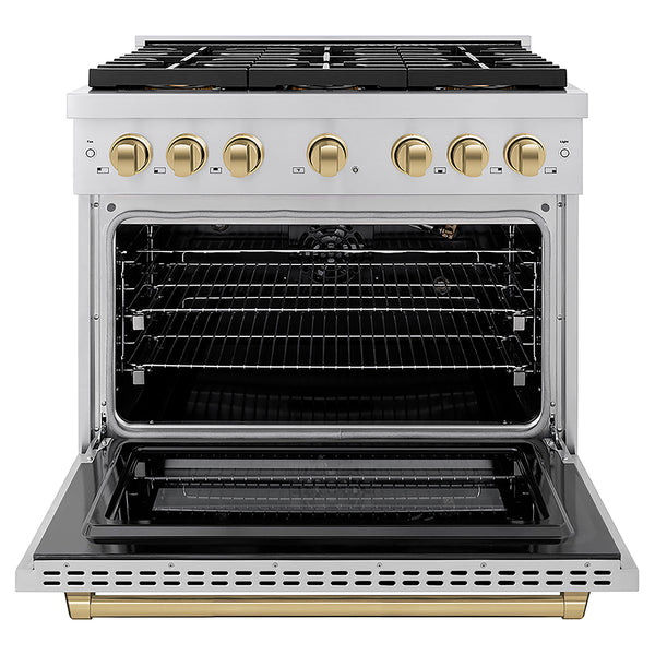 ZLINE Autograph Edition 36 in. 5.2 cu. ft. Paramount Gas Range with 6 Burner DuoPro™ Cooktop and Convection Gas Oven in Stainless Steel and Champagne Bronze Accents, Open Box-Great Condition
