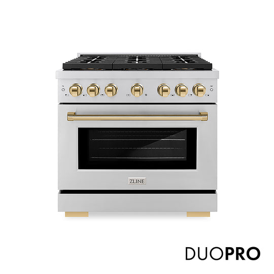 ZLINE Autograph Edition 36 in. 5.2 cu. ft. Paramount Gas Range with 6 Burner DuoPro™ Cooktop and Convection Gas Oven in Stainless Steel and Polished Gold Accents, Open Box-Great Condition