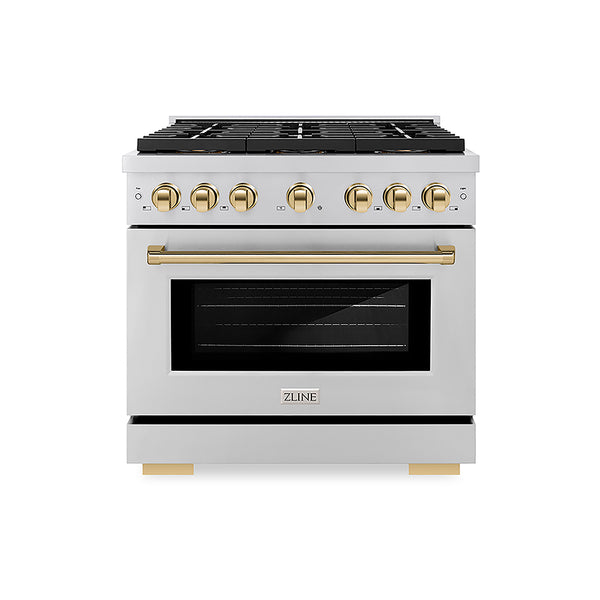 ZLINE Autograph Edition 36 in. 5.2 cu. ft. Paramount Gas Range with 6 Burner DuoPro™ Cooktop and Convection Gas Oven in Stainless Steel and Polished Gold Accents, Open Box-Great Condition