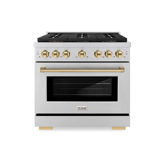 ZLINE Autograph Edition 36 in. 5.2 cu. ft. Paramount Gas Range with 6 Burner DuoPro™ Cooktop and Convection Gas Oven in Stainless Steel and Polished Gold Accents (PSGRZ-36-G)