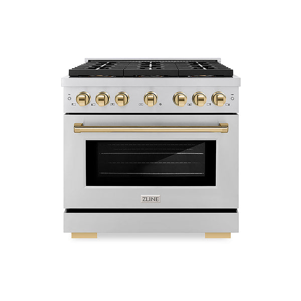 ZLINE Autograph Edition 36 in. 5.2 cu. ft. Paramount Gas Range with 6 Burner DuoPro™ Cooktop and Convection Gas Oven in Stainless Steel and Polished Gold Accents, Open Box-Good Condition