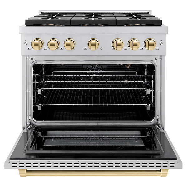 ZLINE Autograph Edition 36 in. 5.2 cu. ft. Paramount Gas Range with 6 Burner DuoPro™ Cooktop and Convection Gas Oven in Stainless Steel and Polished Gold Accents, Open Box-Great Condition