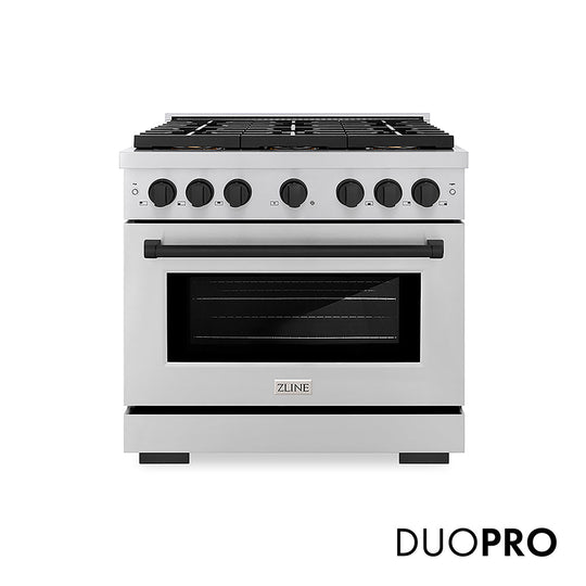 ZLINE Autograph Edition 36 in. 5.2 cu. ft. Paramount Gas Range with 6 Burner DuoPro™ Cooktop and Convection Gas Oven in Stainless Steel and Matte Black Accents, Open Box-Good Condition