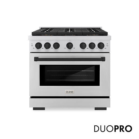 ZLINE Autograph Edition 36 in. 5.2 cu. ft. Paramount Gas Range with 6 Burner DuoPro™ Cooktop and Convection Gas Oven in Stainless Steel and Matte Black Accents, Open Box-Great Condition