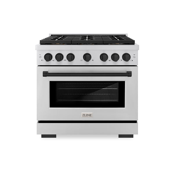 ZLINE Autograph Edition 36 in. 5.2 cu. ft. Paramount Gas Range with 6 Burner DuoPro™ Cooktop and Convection Gas Oven in Stainless Steel and Matte Black Accents (PSGRZ-36-MB)