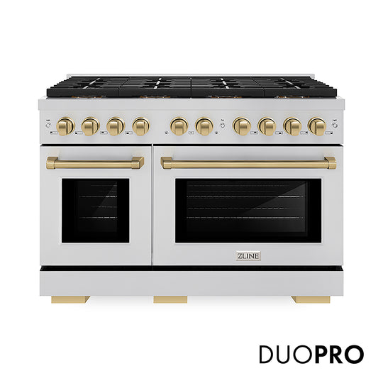 ZLINE Autograph Edition 48 in. 6.7 cu. ft. Paramount Gas Range with 8 Burner DuoPro™ Cooktop and Dual Ovens in Stainless Steel and Champagne Bronze Accents, Open Box-Great Condition