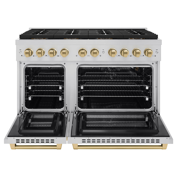 ZLINE Autograph Edition 48 in. 6.7 cu. ft. Paramount Gas Range with 8 Burner DuoPro™ Cooktop and Dual Ovens in Stainless Steel and Champagne Bronze Accents (PSGRZ-48-CB)