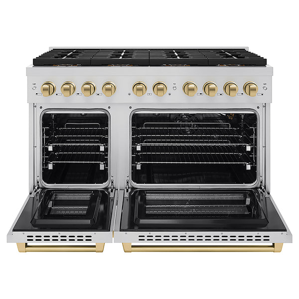 ZLINE Autograph Edition 48 in. 6.7 cu. ft. Paramount Gas Range with 8 Burner DuoPro™ Cooktop and Dual Ovens in Stainless Steel and Champagne Bronze Accents, Open Box-Great Condition