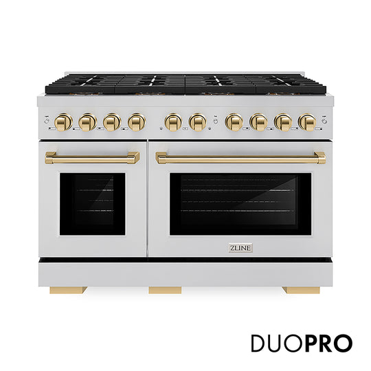 ZLINE Autograph Edition 48 in. 6.7 cu. ft. Paramount Gas Range with 8 Burner DuoPro™ Cooktop and Dual Ovens in Stainless Steel and Polished Gold Accents, Open Box-Great Condition