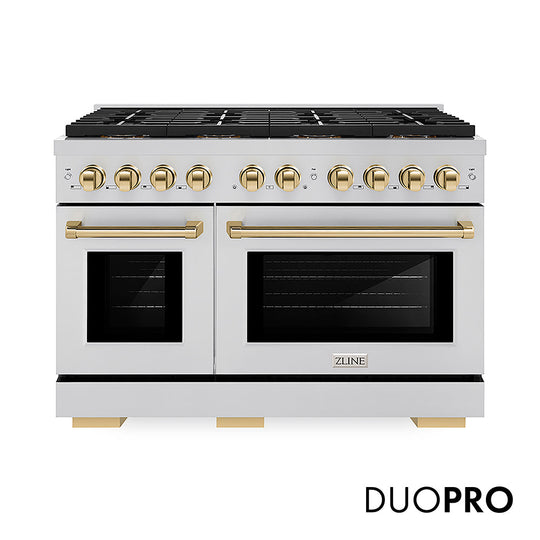 ZLINE Autograph Edition 48 in. 6.7 cu. ft. Paramount Gas Range with 8 Burner DuoPro™ Cooktop and Dual Ovens in Stainless Steel and Polished Gold Accents, Open Box-Good Condition