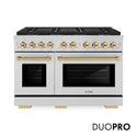 ZLINE Autograph Edition 48 in. 6.7 cu. ft. Paramount Gas Range with 8 Burner DuoPro™ Cooktop and Dual Ovens in Stainless Steel with Champagne Bronze Helix Handles and Accents (PSGRZ-48-KCB)