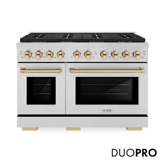 ZLINE Autograph Edition 48 in. 6.7 cu. ft. Paramount Gas Range with 8 Burner DuoPro™ Cooktop and Dual Ovens in Stainless Steel with Champagne Bronze Helix Handles and Accents (PSGRZ-48-KCB)