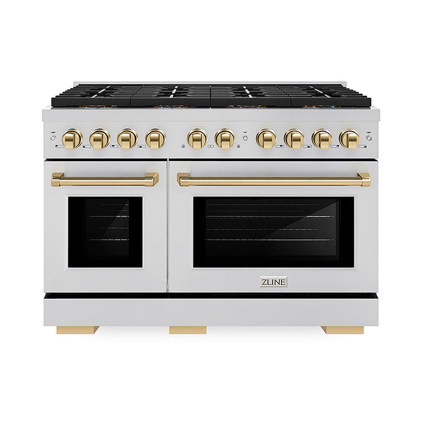 ZLINE Autograph Edition 48 in. 6.7 cu. ft. Paramount Gas Range with 8 Burner DuoPro™ Cooktop and Dual Ovens in Stainless Steel and Polished Gold Accents, Open Box-Great Condition
