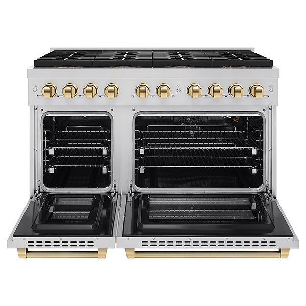 ZLINE Autograph Edition 48 in. 6.7 cu. ft. Paramount Gas Range with 8 Burner DuoPro™ Cooktop and Dual Ovens in Stainless Steel and Polished Gold Accents, Open Box-Great Condition