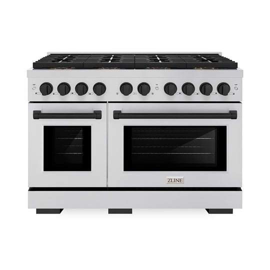 ZLINE Autograph Edition 48 in. 6.7 cu. ft. Paramount Gas Range with 8 Burner DuoPro™ Cooktop and Dual Ovens in Stainless Steel and Matte Black Accents (PSGRZ-48-MB)