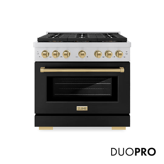 ZLINE Autograph Edition 36 in. 5.2 cu. ft. Paramount Gas Range with 6 Burner DuoPro™ Cooktop and Convection Gas Oven with Black Matte Door and Champagne Bronze Accents, Open Box-Good Condition