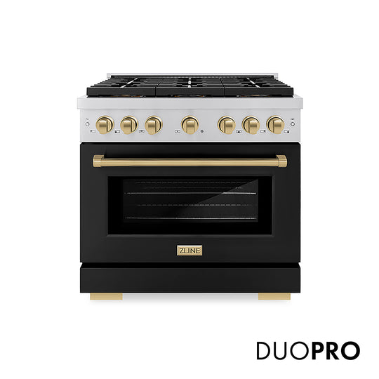 ZLINE Autograph Edition 36 in. 5.2 cu. ft. Paramount Gas Range with 6 Burner DuoPro™ Cooktop and Convection Gas Oven with Black Matte Door and Champagne Bronze Accents, Open Box-Great Condition