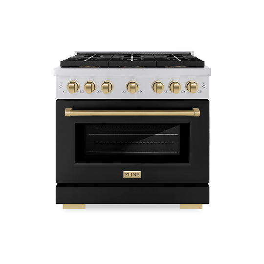 ZLINE Autograph Edition 36 in. 5.2 cu. ft. Paramount Gas Range with 6 Burner DuoPro™ Cooktop and Convection Gas Oven with Black Matte Door and Champagne Bronze Accents (PSGRZ-BLM-36-CB)