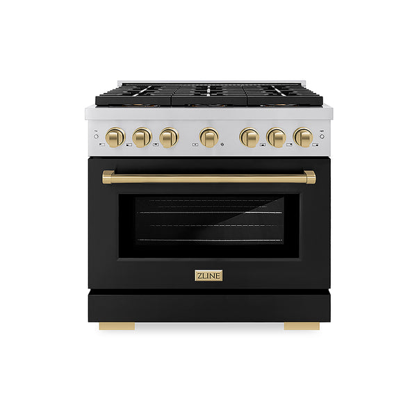 ZLINE Autograph Edition 36 in. 5.2 cu. ft. Paramount Gas Range with 6 Burner DuoPro™ Cooktop and Convection Gas Oven with Black Matte Door and Champagne Bronze Accents, Open Box-Great Condition