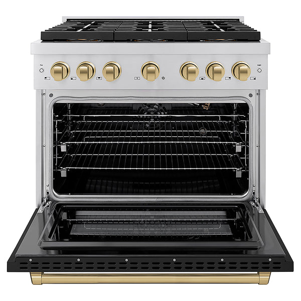 ZLINE Autograph Edition 36 in. 5.2 cu. ft. Paramount Gas Range with 6 Burner DuoPro™ Cooktop and Convection Gas Oven with Black Matte Door and Champagne Bronze Accents, Open Box-Great Condition