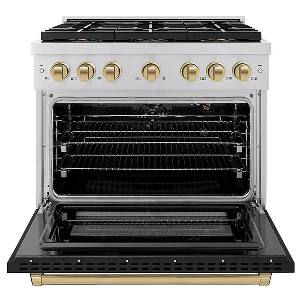 ZLINE Autograph Edition 36 in. 5.2 cu. ft. Paramount Gas Range with 6 Burner DuoPro™ Cooktop and Convection Gas Oven with Black Matte Door and Champagne Bronze Accents, Open Box-Good Condition