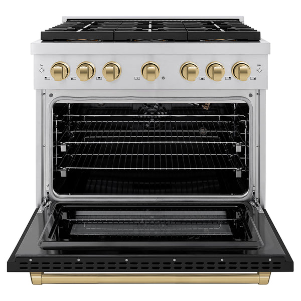 ZLINE Autograph Edition 36 in. 5.2 cu. ft. Paramount Gas Range with 6 Burner DuoPro™ Cooktop and Convection Gas Oven with Black Matte Door and Champagne Bronze Accents (PSGRZ-BLM-36-CB)