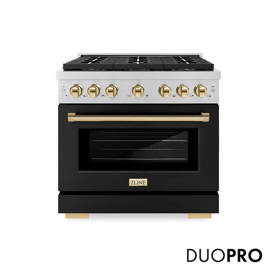 ZLINE Autograph Edition 36 in. 5.2 cu. ft. Paramount Gas Range with 6 Burner DuoPro™ Cooktop and Convection Gas Oven with Black Matte Door and Polished Gold Accents, Open Box-Good Condition