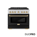 ZLINE Autograph Edition 36 in. 5.2 cu. ft. Paramount Gas Range with 6 Burner DuoPro™ Cooktop and Convection Gas Oven with Black Matte Door and Polished Gold Accents, Open Box-Great Condition