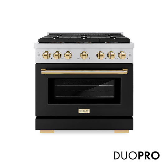 ZLINE Autograph Edition 36 in. 5.2 cu. ft. Paramount Gas Range with 6 Burner DuoPro™ Cooktop and Convection Gas Oven with Black Matte Door and Polished Gold Accents, Open Box-Great Condition
