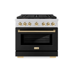 ZLINE Autograph Edition 36 in. 5.2 cu. ft. Paramount Gas Range with 6 Burner DuoPro™ Cooktop and Convection Gas Oven with Black Matte Door and Polished Gold Accents (PSGRZ-BLM-36-G)