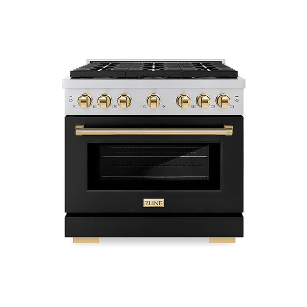 ZLINE Autograph Edition 36 in. 5.2 cu. ft. Paramount Gas Range with 6 Burner DuoPro™ Cooktop and Convection Gas Oven with Black Matte Door and Polished Gold Accents, Open Box-Good Condition