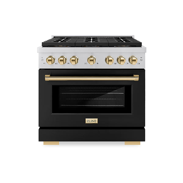 ZLINE Autograph Edition 36 in. 5.2 cu. ft. Paramount Gas Range with 6 Burner DuoPro™ Cooktop and Convection Gas Oven with Black Matte Door and Polished Gold Accents, Open Box-Great Condition